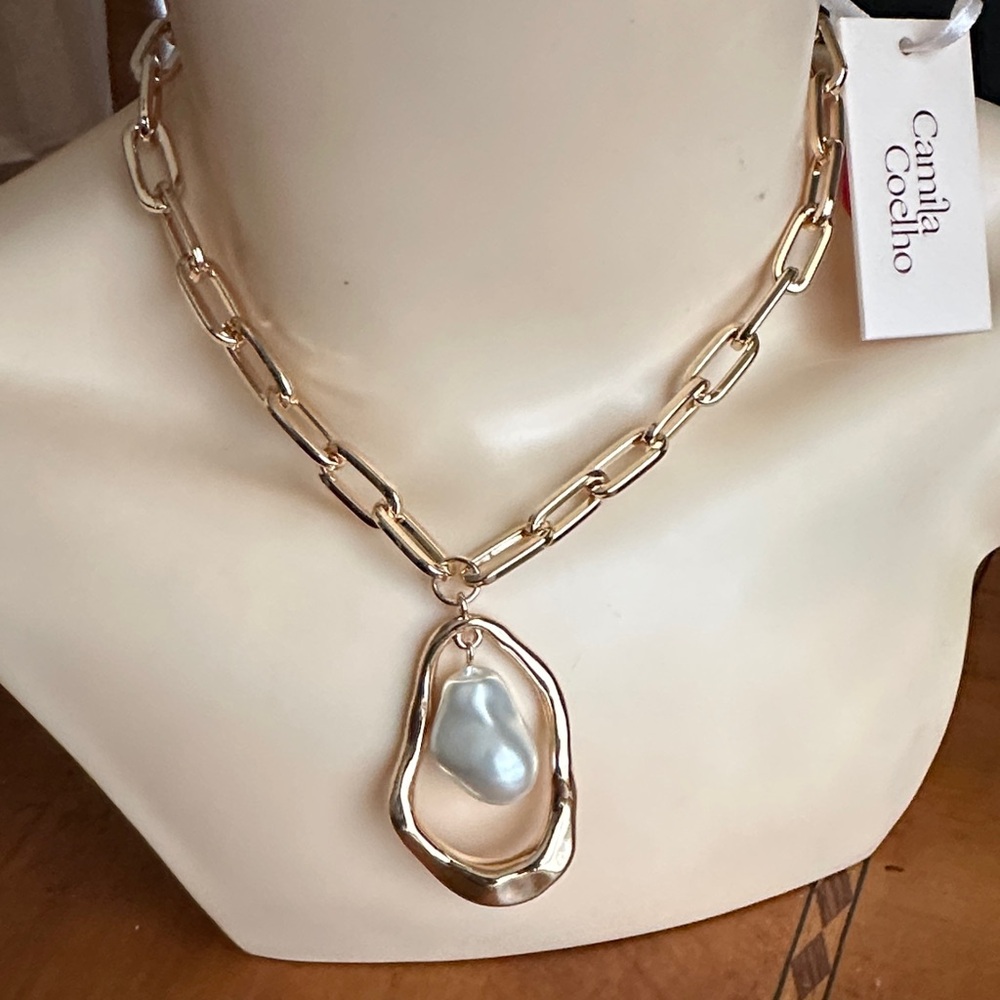 Camila Coelho Gold Link Necklace with Iridescent Pearl Pendant